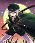  armor cape fighting_stance fireflies full_moon green_eyes hair_flaps hat hotarumaru japanese_armor long_sleeves looking_at_viewer male_focus military military_uniform moon namesake shorts shoulder_armor silver_hair sode solo toi_(toiot) touken_ranbu uniform 