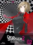  black_shirt brown_hair checkered devil_survivor_2 dress geometric_pattern gradient gradient_background looking_at_viewer megami_ibunroku_devil_survivor nitta_io official_art parted_lips red_coat shirt short_dress short_hair short_skirt solo yasuda_suzuhito 