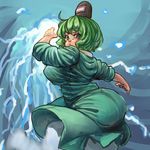  ass blue_background blurry breasts chanta_(ayatakaoisii) covered_nipples depth_of_field frown ghost_tail green_eyes green_hair hand_up hat large_breasts lightning long_sleeves looking_at_viewer looking_back looking_down outstretched_arm serious short_hair sleeves_rolled_up soga_no_tojiko solo tate_eboshi touhou 