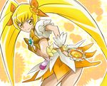  arudebido blonde_hair bow brooch crop_top cure_sunshine hair_bow heartcatch_precure! jewelry long_hair magical_girl myoudouin_itsuki orange_bow orange_skirt precure shiny_tambourine skirt smile solo sparkle twintails wrist_cuffs yellow_eyes 