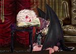  bat_wings blood chain couch fangs guro highres impaled looking_at_viewer muishiki_(umauma016) nose open_mouth original red_eyes silver_hair sitting slit_pupils solo stool vampire wings 
