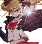  bad_id bad_pixiv_id blonde_hair blue_eyes breasts cyborg dangan_tenshi_fan_club fighting_stance hair_ribbon lens_flare magical_girl mechanical_arms midriff natsuno_himiko navel poko_(ame) ribbon school_uniform serafuku skirt small_breasts solo translation_request twintails upper_body 