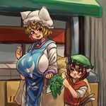  animal_ears bag blonde_hair blush breasts brown_eyes brown_hair cat_ears chanta_(ayatakaoisii) chen fang food green_hat groceries hand_up hat huge_breasts long_sleeves looking_at_another multiple_girls multiple_tails open_mouth outdoors shopping_bag short_hair short_sleeves tabard tail talking touhou two_tails vegetable vest village wide_sleeves yakumo_ran 