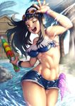  ;d abs bandana_removed bandeau bare_shoulders beach black_hair blurry bracelet brown_eyes building cutoffs day denim denim_shorts depth_of_field eyelashes fringe_trim goggles goggles_on_head happy jewelry kuroshio_(zung-man) long_hair midriff navel one_eye_closed open_mouth original outdoors palm_tree ponytail rock scrunchie short_shorts shorts sidelocks sky smile solo strapless sunlight super_soaker teeth thighs toned tongue tree wading wince wristband 