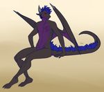  blue_hair claws dragon erection hair horn invisible_chair male nipples penis quil red_eyes ribbed_penis scalie sergal sitting solo tanks tattoo thick_tail western_dragon wings 