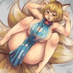 animal_ears blonde_hair blush breast_press breasts brown_eyes chanta_(ayatakaoisii) eyebrows eyebrows_visible_through_hair fang folded fox_ears from_above grey_background hands_up highres huge_breasts knees_on_chest looking_at_viewer lying multiple_tails naked_tabard no_hat no_headwear on_back open_mouth short_hair simple_background solo spread_legs sweat tabard tail thick_thighs thighs tongue touhou wide_hips yakumo_ran 