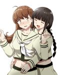  2girls ahoge any_(lucky_denver_mint) bangs black_hair blunt_bangs blush braid breasts brown_eyes brown_hair eyebrows_visible_through_hair eyes_closed hair_tie hands_up highres kantai_collection kitakami_(kantai_collection) long_hair medium_breasts midriff multiple_girls navel ooi_(kantai_collection) open_mouth remodel_(kantai_collection) ribbon sailor_collar school_uniform serafuku sidelocks simple_background single_braid skirt smile sweat sweatdrop white_background yellow_serafuku 