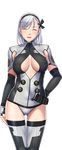  arm_behind_back blush breasts cleavage_cutout closed_eyes closed_game covered_nipples cowboy_shot fingerless_gloves gloves hair_ribbon hairband large_breasts marille_clemens ribbon sei_shoujo short_hair silver_hair smile solo thigh_gap thighhighs transparent_background 