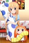  absurdres barefoot blonde_hair blush brown_eyes dakimakura_(object) doma_umaru dual_persona highres himouto!_umaru-chan kneeling komaru long_hair multiple_girls nekoronbusu non-web_source nyantype official_art pajamas pillow pillow_hug poster_(object) scan smile 