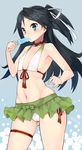  adapted_costume armpits bikini bikini_skirt black_hair blue_eyes blush cameltoe choker covered_nipples dated flat_chest food front-tie_top hair_ornament hair_ribbon highres kantai_collection katsuragi_(kantai_collection) kuro_chairo_no_neko long_hair looking_at_viewer microskirt mouth_hold navel one_side_up pleated_skirt ponytail popsicle ribbon skirt solo swimsuit thigh_strap twitter_username white_ribbon 