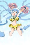  ass_visible_through_thighs blue_eyes blue_hair cheerleader hat highres ikamusume jumping kinfuji long_hair midriff navel pom_poms shinryaku!_ikamusume skirt solo tentacle_hair 