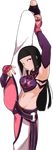  1girl artist_request black_hair han_juri hands_on_feet looking_at_viewer red_eyes simple_background solo street_fighter stretch stretching 