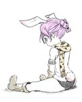  animal_ears bad_id bad_pixiv_id bunny_ears bunny_tail done_(donezumi) elin_(tera) highres purple_hair scarf short_hair simple_background sitting solo tail tera_online white_background 