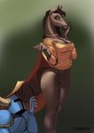  2015 anthro armor breasts brown_eyes brown_fur brown_hair choker cleavage clothed clothing dress duo equine female fur green_background hair helmet horn horse knight looking_down male mammal orange_dress pussy shovel_knight simple_background skirt skirt_lift wide_hips zaggatar 