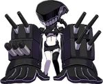  black_gloves black_legwear breasts chibi gloves kantai_collection large_hands medium_breasts minarai navel oversized_forearms oversized_limbs shinkaisei-kan simple_background single_thighhigh solo thighhighs torn_clothes tsu-class_light_cruiser turret underboob white_background 