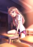  arm_support blush braid brown_hair cameltoe chair classroom crotch_rub desk door highres indoors leg_lift long_hair masturbation open_mouth original panties purple_eyes school_desk school_uniform shirt skirt skirt_lift solo table_sex takuya_kame underwear wet wet_clothes wet_panties white_panties window 