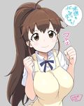  apron bowieknife breasts brown_eyes brown_hair clenched_hands commentary_request impossible_clothes large_breasts long_hair ponytail smile solo speech_bubble taneshima_popura translated w_arms working!! 