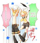  1boy 1girl blonde_hair brother_and_sister clothes_thief eyes_closed gradient gradient_background hard_translated kagamine_len kagamine_rin nao_(flake) siblings theft translated twins vocaloid 