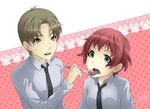  1boy 1girl amputee feeding good_end katawa_shoujo nakai_hisao polka_dot_background red_hair school_uniform short_hair tezuka_rin 