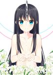  bekotarou black_hair blue_eyes blush breasts cupping_hands flower hair_censor highres lily_(flower) long_hair nude original small_breasts smile solo upper_body water 