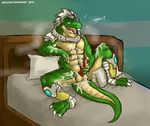  2015 anthro armor balls bed blushed crocodile cum darkenstardragon erection league_of_legends male penis renekton reptile scalie smile solo video_games 