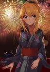  absurdres blonde_hair fireworks green_eyes highres hoshii_miki idolmaster idolmaster_(classic) japanese_clothes kimono kurokin solo 