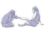  1boy 1girl barefoot feet foot_licking glasses hands_on_feet hetero holding_another&#039;s_foot holding_another's_foot licking long_hair monochrome short_hair simple_background sitting socks toshi_(pixiv637016) white_background 