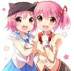  :d animal_hat arm_hug blush cat_hat color_connection company_connection crossover gakkou_gurashi! hair_color_connection hair_ornament hair_ribbon hairclip hand_on_own_chest hat ikari_(aor3507) kaname_madoka locked_arms looking_at_viewer mahou_shoujo_madoka_magica manga_time_kirara mitakihara_school_uniform multiple_girls nitroplus open_mouth pink_eyes pink_hair ribbon school_uniform short_hair short_twintails skirt smile takeya_yuki twintails 