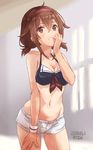  bikini_top breasts brown_eyes brown_hair cb cleavage commentary_request cowboy_shot dated hair_between_eyes hairband hand_to_own_mouth indoors kantai_collection leaning_forward medium_breasts navel open_fly red_hairband shiratsuyu_(kantai_collection) short_shorts short_twintails shorts sketch smile solo twintails twitter_username unzipped wristband 