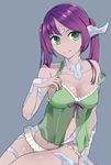  1girl artist_request au_ra babydoll bra breasts cleavage dragon_girl final_fantasy final_fantasy_xiv frilled_bra frilled_panties frills green_eyes horns midriff nightgown off_shoulder panties purple_hair simple_background solo underwear upper_body 