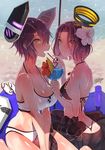  ass bad_anatomy beach beach_mat bikini blush breasts butt_crack cleavage cup day drinking_glass drinking_straw highres ichikura_tokage kantai_collection large_breasts looking_at_viewer multiple_girls purple_hair sandals shade sharing_food short_hair sitting smile swimsuit tatsuta_(kantai_collection) tenryuu_(kantai_collection) umbrella wife_and_wife yellow_eyes yuri 