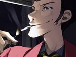  arsene_lupin_iii black_eyes black_hair cigarette close-up closed_mouth facial_hair fire jacket lighting_cigarette lo_(pixiv14046691) lupin_iii male_focus matchstick necktie portrait red_jacket smile solo stubble yellow_neckwear 
