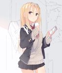  bag blazer blonde_hair cellphone jacket kojiki-life long_hair open_blazer open_clothes open_jacket original phone school_bag school_uniform sketch skirt smartphone solo sweater 