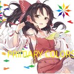  :d album_cover armpits bow cover hair_bow hair_tubes hakurei_reimu kojiki-life midriff navel nontraditional_miko open_mouth ribbon-trimmed_clothes ribbon-trimmed_sleeves ribbon_trim sarashi side_cutout smile solo tetris touhou 