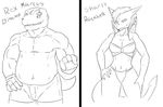  agumon anthro anthrofied black_and_white boxer_briefs bra cleavage closed_fist clothed clothing digimon digital_drawing_(artwork) digital_media_(artwork) dragon english_text female front_view heibanhikaru low-leg_panties male monochrome multiple_images musclegut muscles navel pecs pinup pose rex_the_agumon scalie scar shoutmon solo text underwear 