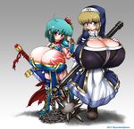  2girls armor breasts flail gigantic_breasts gradient gradient_background kyosuke_fujiwara_(xacro) multiple_girls sword weapon 