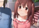  1girl blurry brown_eyes brown_hair dacchi depth_of_field doma_taihei dress ebina_nana glasses highres himouto!_umaru-chan light_smile looking_at_another out_of_frame outdoors road short_hair smile stairs street twintails wavy_mouth 