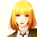  bangs black_eyes blonde_hair blunt_bangs collared_shirt jyuru lips looking_at_viewer lowres midorikawa_hana naughty_face prison_school school_uniform shirt short_hair solo tongue tongue_out 