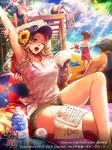  5boys ball baseball baseball_cap beach beachball black_hair blonde_hair bottle dated day flower furyou_michi_~gang_road~ hair_flower hair_ornament hat highres kooribata legs mizuno_eri_(gang_road) multiple_boys multiple_girls ocean official_art open_mouth paper parasol purple_hair sandals see-through shaded_face short_shorts shorts sitting skirt squatting stretch sunflower swimsuit tajima_yukie translation_request umbrella water 