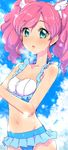  aikatsu! aikatsu!_(series) amahane_madoka bikini blue_eyes blush clearite hair_ornament highres looking_at_viewer navel open_mouth pink_hair solo swimsuit twintails water wet 