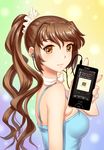  bare_shoulders brown_eyes brown_hair camisole digital_media_player earbuds earphones ex90 highres lips long_hair looking_at_viewer original ponytail solo sony x1060 youbou 