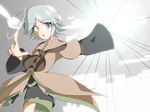  androgynous bad_id bad_twitter_id bow brown_coat coat gap houlen_yabusame jandare len'en open_mouth pointing short_hair short_hair_with_long_locks shorts silver_eyes silver_hair solo 