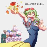  apple blush cosplay crushing dress dwarf_(grimm) fingernails food fruit goggles goggles_on_head green_eyes green_hair gumi highres nail_polish puff_and_slash_sleeves puffy_sleeves short_hair snow_white snow_white_(cosplay) snow_white_and_the_seven_dwarfs vocaloid wokada 