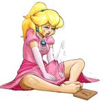  barefoot blonde_hair blush cum cum_in_clothes cum_through_clothes dress earrings ejaculation erection erection_under_clothes eyes_closed feet futanari handsfree_ejaculation jewelry kevin_sano mario_(series) monochrome newhalf open_mouth orgasm penis ponytail princess_peach saliva solo super_mario_bros. through_clothes 