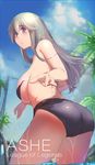  ashe_(league_of_legends) ass bikini black_bikini blue_eyes breasts cowboy_shot from_behind hair_between_eyes highres large_breasts league_of_legends long_hair looking_at_viewer pandea_work parted_lips silver_hair sketch solo swimsuit untied untied_bikini wading 