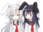  akatsuki_(kantai_collection) anchor_symbol animal_ears aqua_eyes aqua_hair blush bunny_ears capriccio carrot_print food_print hibiki_(kantai_collection) kantai_collection long_hair mouth_hold multiple_girls neckerchief open_mouth panties panties_in_mouth panties_removed print_panties purple_eyes purple_hair red_neckwear sailor_collar school_uniform serafuku simple_background strawberry_panties strawberry_print underwear white_background white_panties 