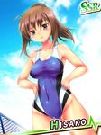  angel_beats! brown_eyes brown_hair competition_swimsuit hands_on_hips hisako_(angel_beats!) juusensha_koubou long_hair one-piece_swimsuit ponytail solo swimsuit 