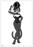  bare_shoulders barefoot big_breasts breasts carelessdoodler choker cleavage clothed clothing corset feline female fishnet hypnosis looking_at_viewer mammal mind_control monochrome panther panthy simple_background skimpy smile solo standing white_background 