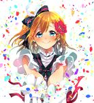 bangs blue_eyes blush bow bowtie brown_hair confetti earrings feathers flower frilled_shirt_collar frills gloves hair_bow hair_feathers hair_flower hair_ornament jewelry kira-kira_sensation! kousaka_honoka looking_at_viewer love_live! love_live!_school_idol_project one_side_up orange_hair outstretched_arms red_ribbon ribbon shinonome_neko-tarou short_hair smile solo upper_body white_gloves 
