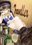  alcohol bikini_top blonde_hair blue_eyes braid cellphone glass goggles goggles_on_headwear hat hiba_(p-p-purin) long_hair original phone poker_chip shorts smartphone solo watch wristwatch 